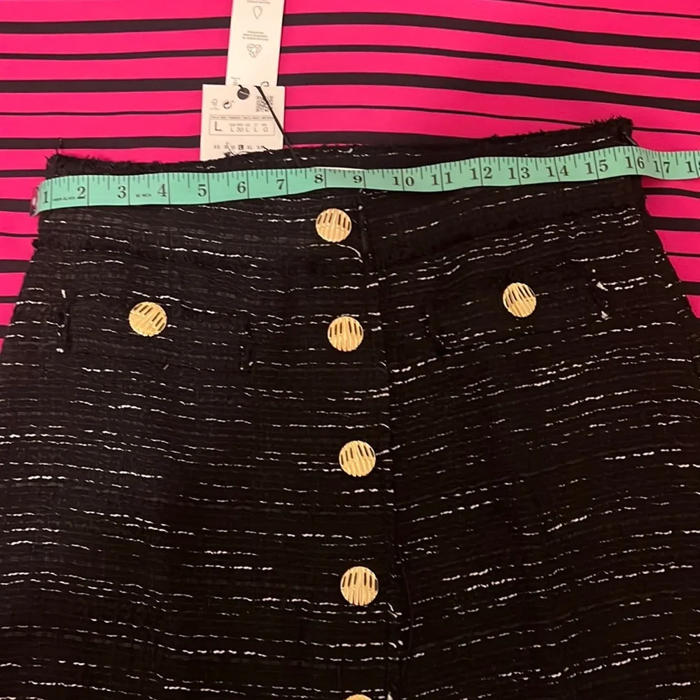 Zara Black Tweed Texture Gold Metallic Buttons Front Slit Midi Pencil Skirt - Picture 15 of 16